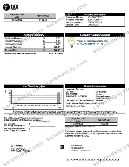 USA TXU Energy utility bill template in Word and PDF formats, version 2